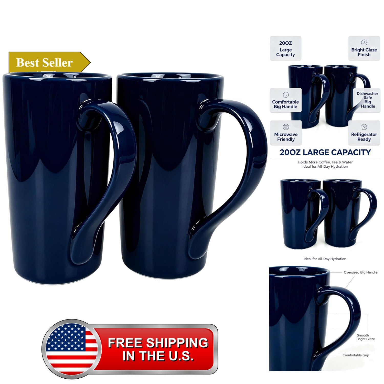20 OZ Large Coffee Mugs,Tall Tea Cups with Handle Dark Blue Funnel Cup Bright... 20 OZ Large Coffee Mugs,Tall Tea Cups with Handle Dark Blue Funnel Cup Bright...