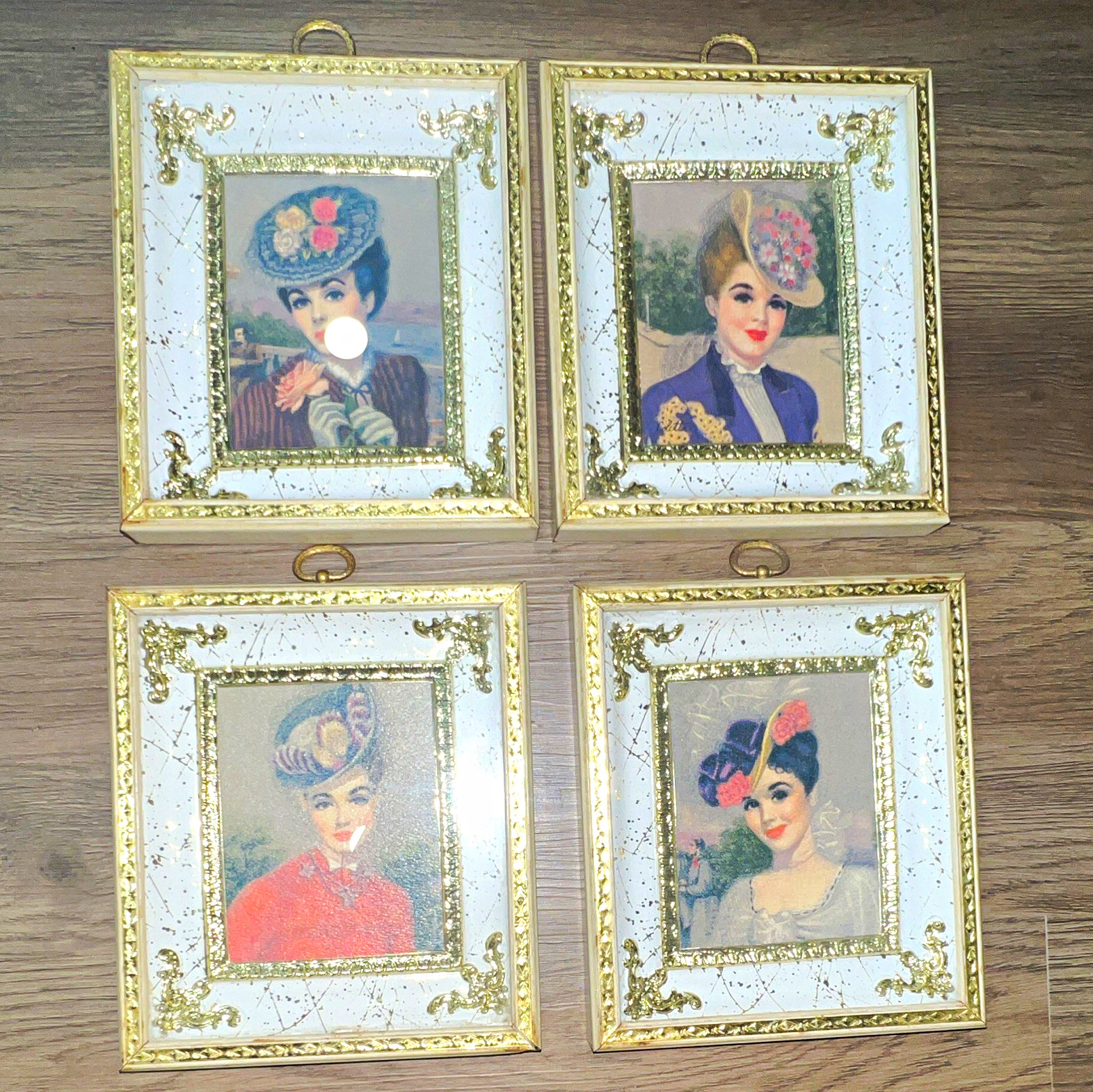 Set of 4 Ornate Vintage Hanging Portrait Photo Frames White Gold Metal
