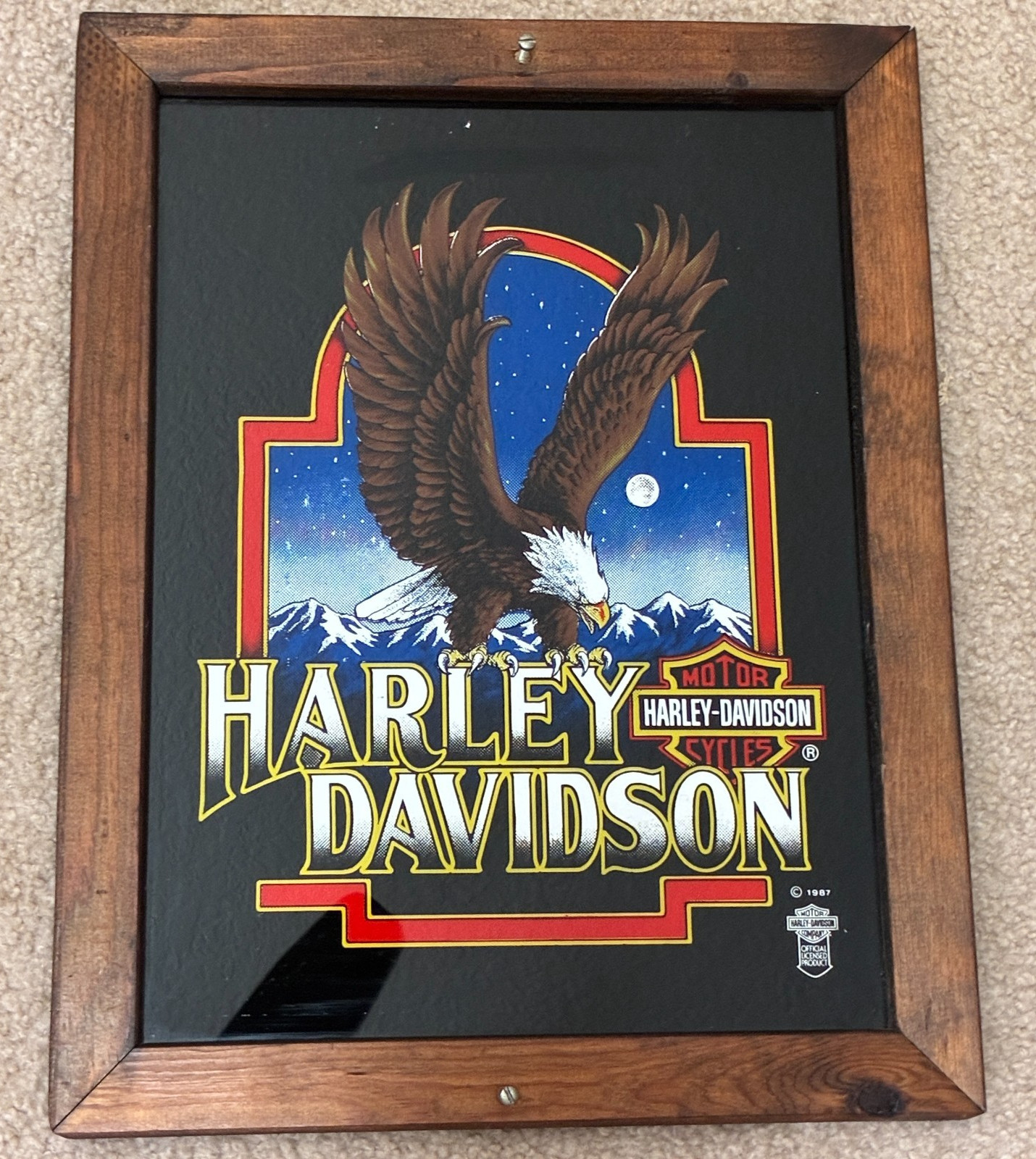 VTG 1987 Harley Davidson Eagle Mountain Framed Reverse Painted Mirror 18