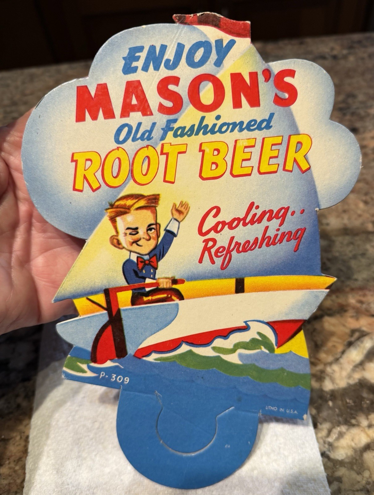 Vintage Mason's Root Beer Sailing Theme Die-Cut soda Bottle Topper Sign
