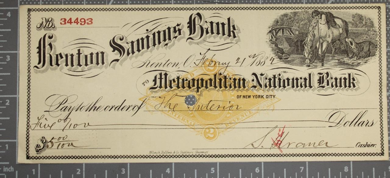 1882 Kenton Savings Bank Printed Revenue Check Child on Horse Vignette Bok1-1