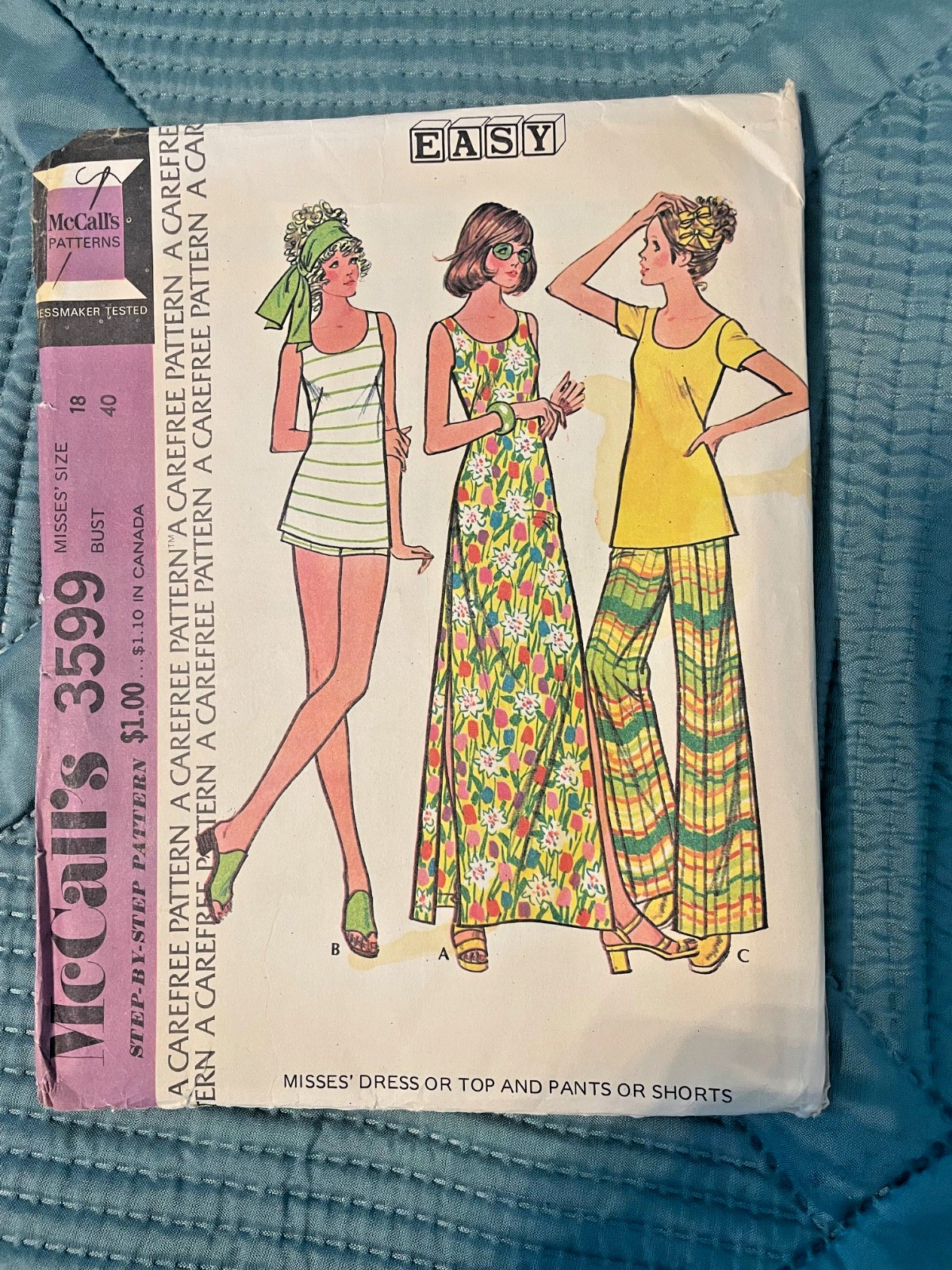 Vintage 1970s McCalls #3599 Misses\' Dress Top Pants bell bottoms women’s 18