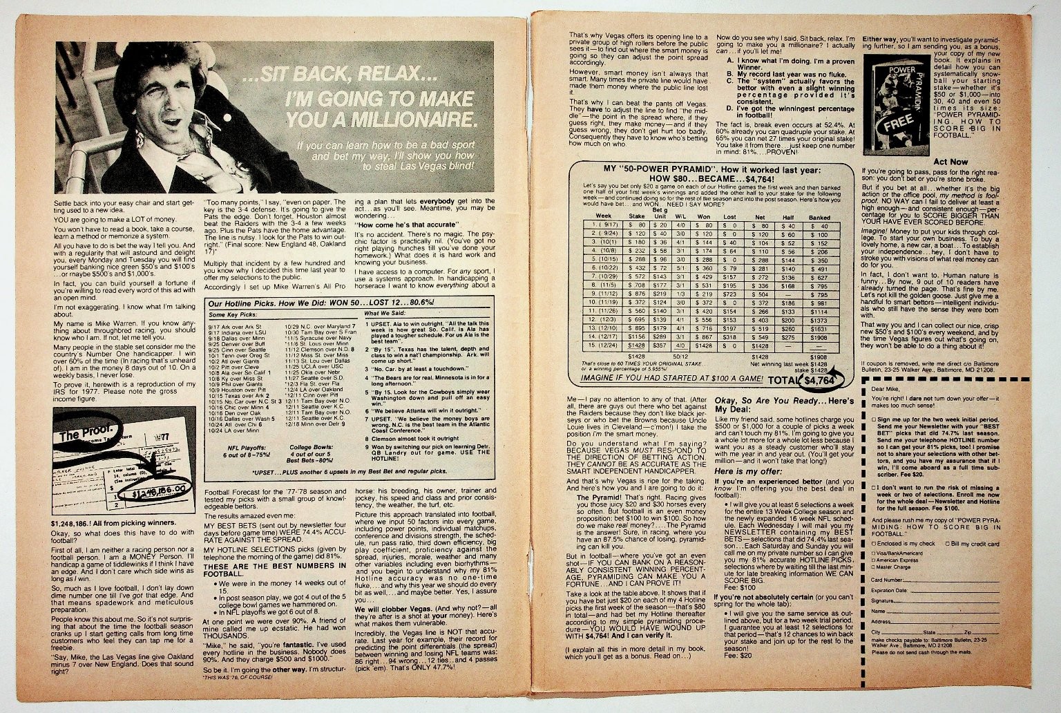 Mike Warren's All Pro 1977-78 Football Betting System Vintage Magazine Ad
