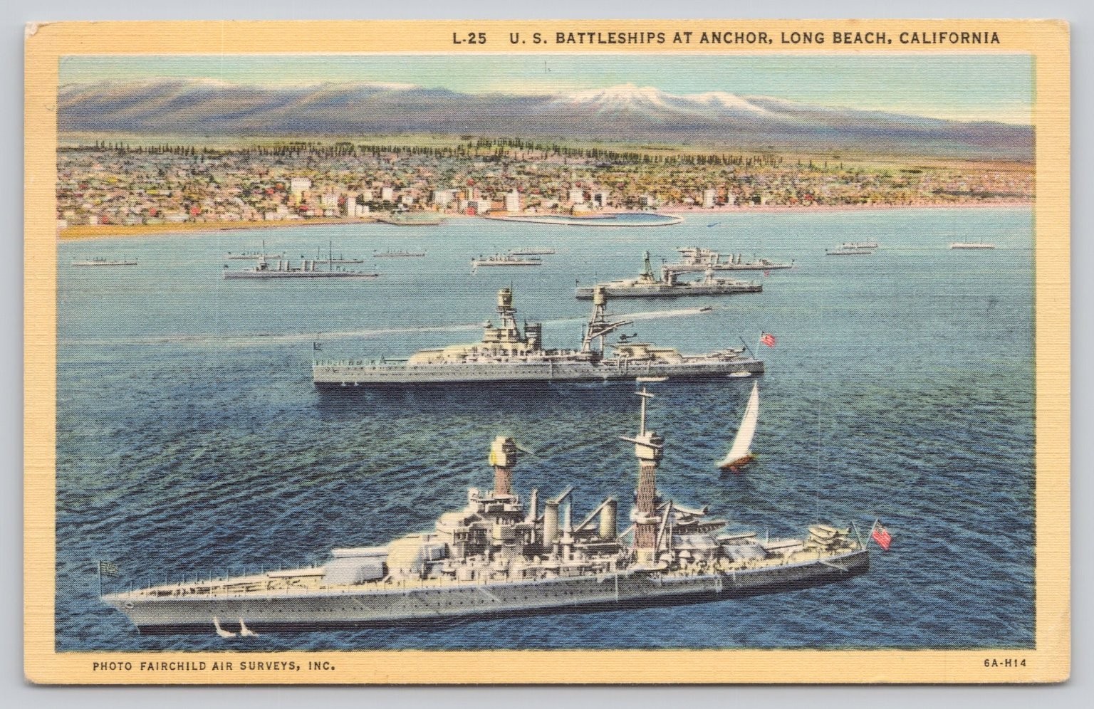 1947 Long Beach CA US Battleships Fairchild Air Photo Linen Postcard