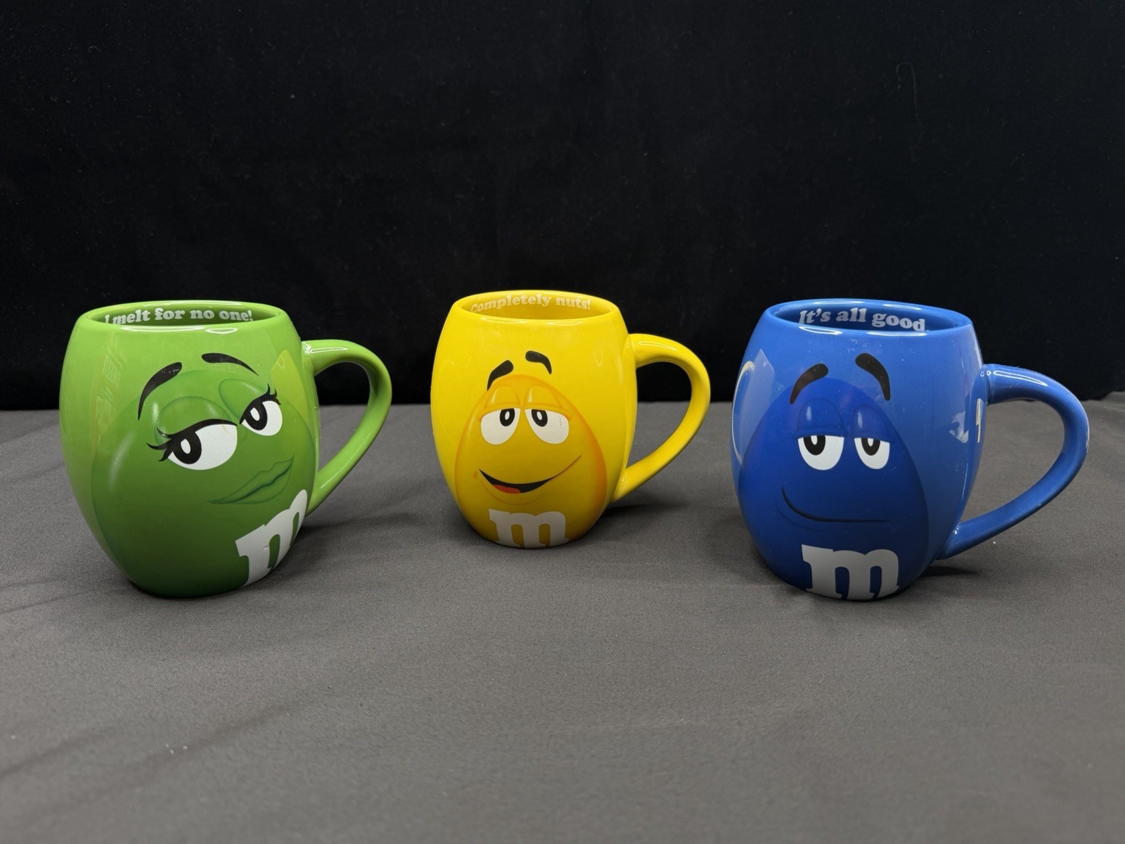 M&M World Yellow Blue & Green Completely Nuts Coffee Mug 2015 Mars Barrel Shape