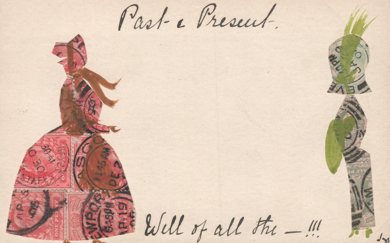 Antique Stamp Collage Postcard Past Present Fashion Illustration Folk Art Vtg