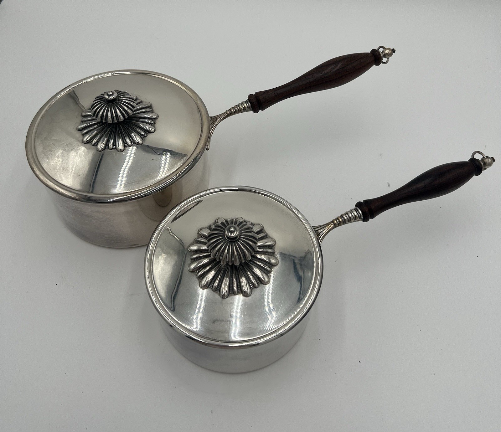 Vintage Italian Silver Tone Covered Saucepan Set of 2 Wood Handles Floral Lids