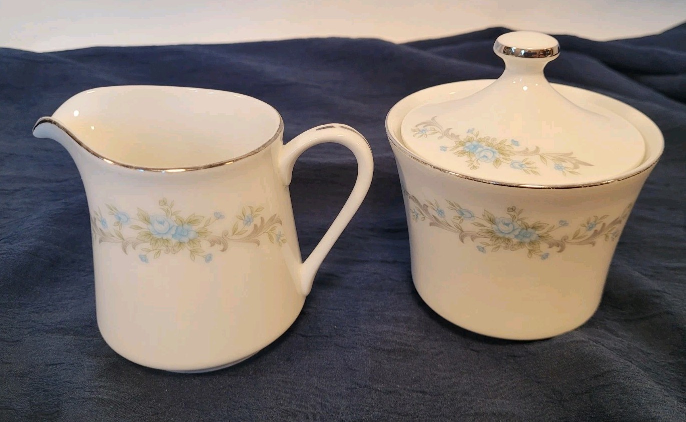 Vintage Royal Court Blue Fantasy Fine China Creamer & Sugar Bowl With Lid 