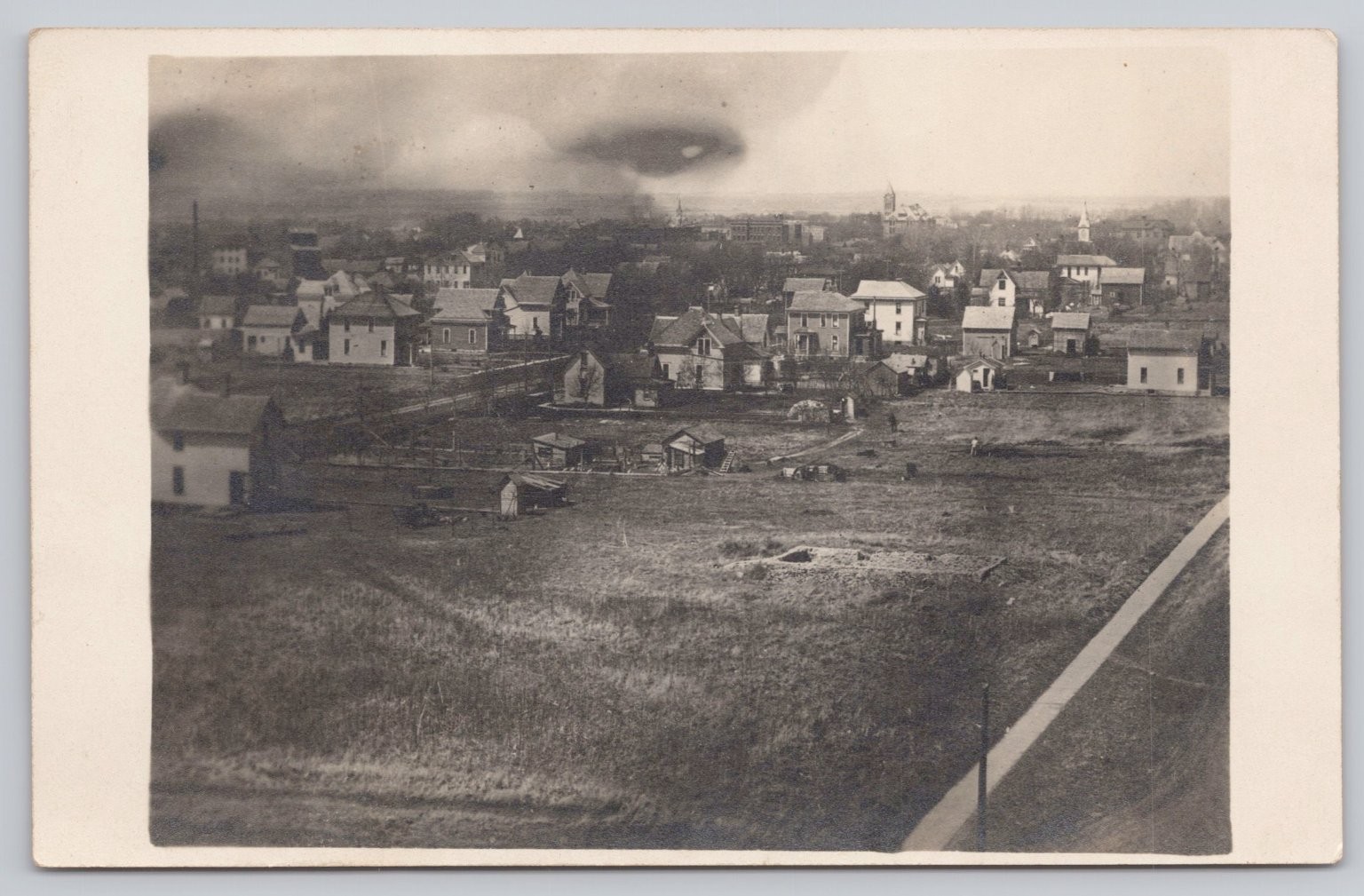 Vintage Real Photo Postcard RPPC Unidentified Town Cityscape Smoke Plume View
