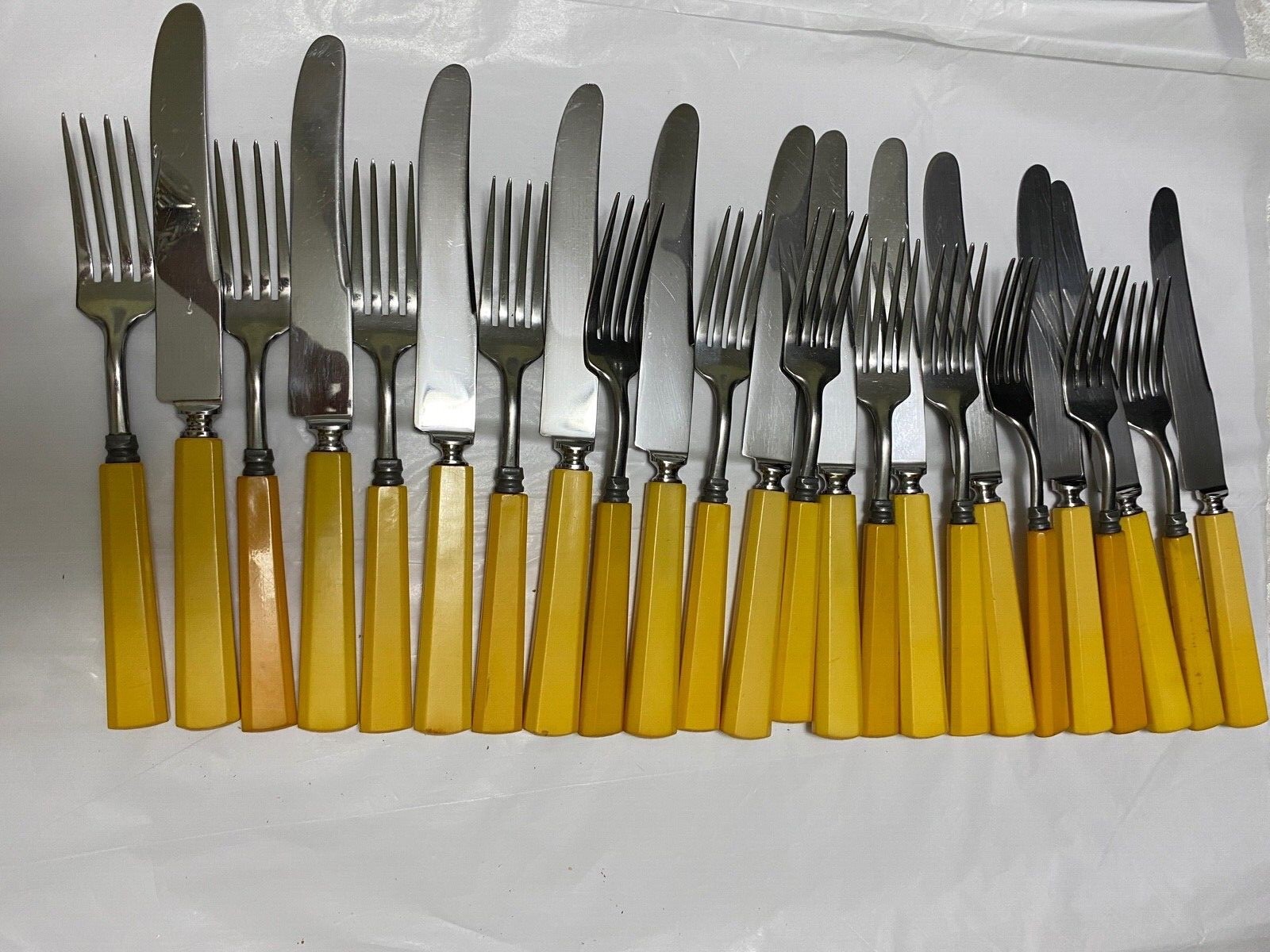 24 Pcs Butterscotch Bakelite Flatware Antique 12 Boker Forged Knives 12 VF Forks