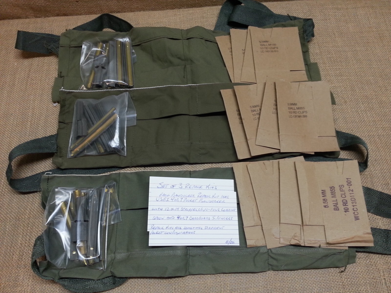 3 Sets of USGI Military Surplus 5.56/223 Cal Rifle Bandoleer Repack Kits