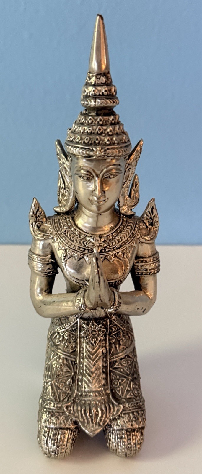 Vintage Buddha Thai Kneeling Sawasdee Lady Figurine – Solid Cast Metal – 7” Tall