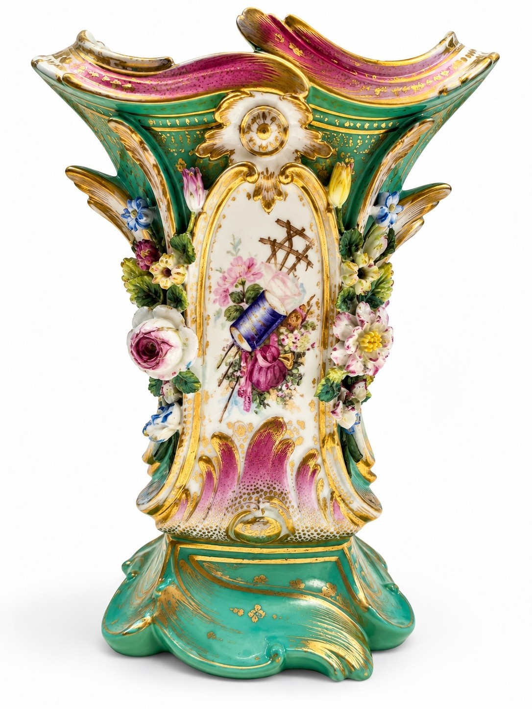 Antique Dresden Style Porcelain Vase Applied Flowers Hand Painted Gilt 11”