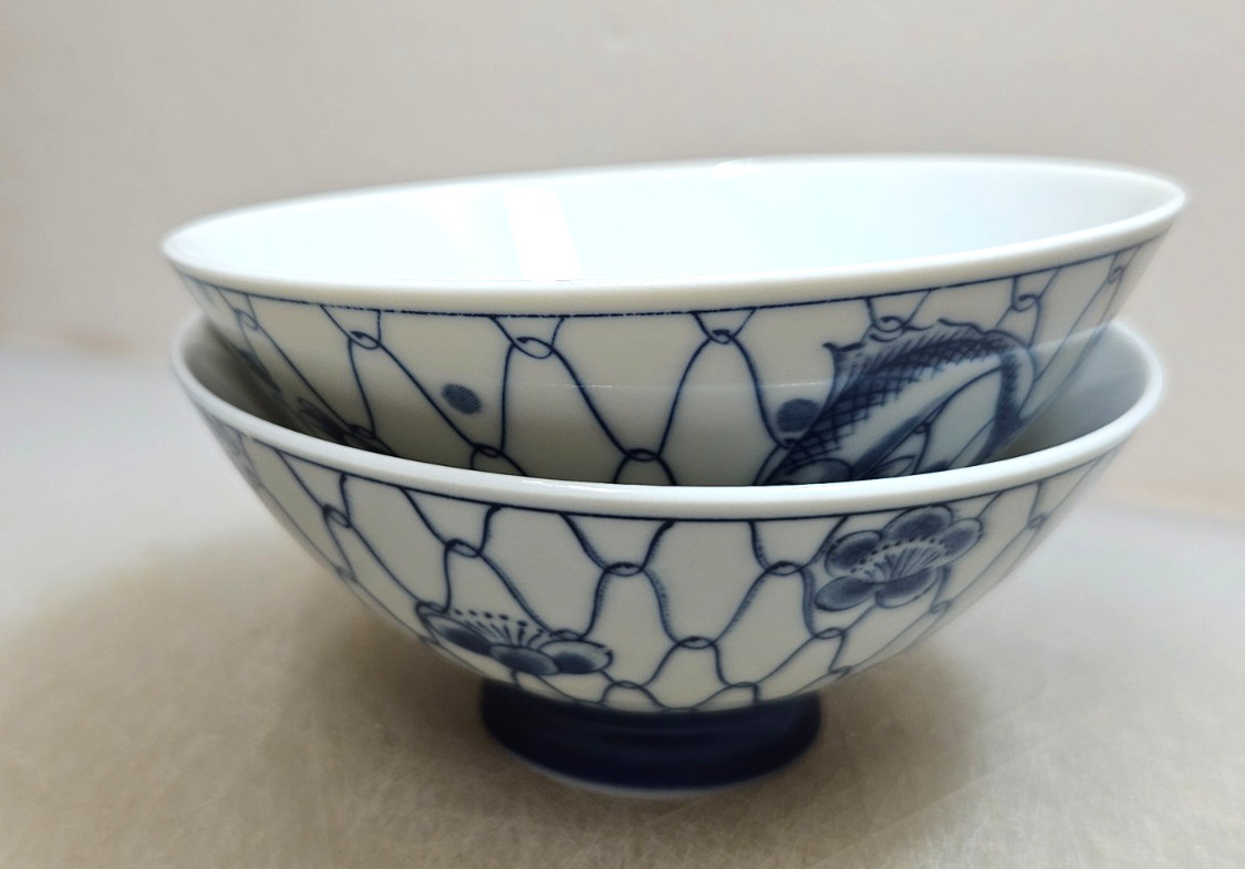 Vintage Blue & White Ceramic Rice Bowls Set of 2 Koi Fish & Blossom Mesh Design
