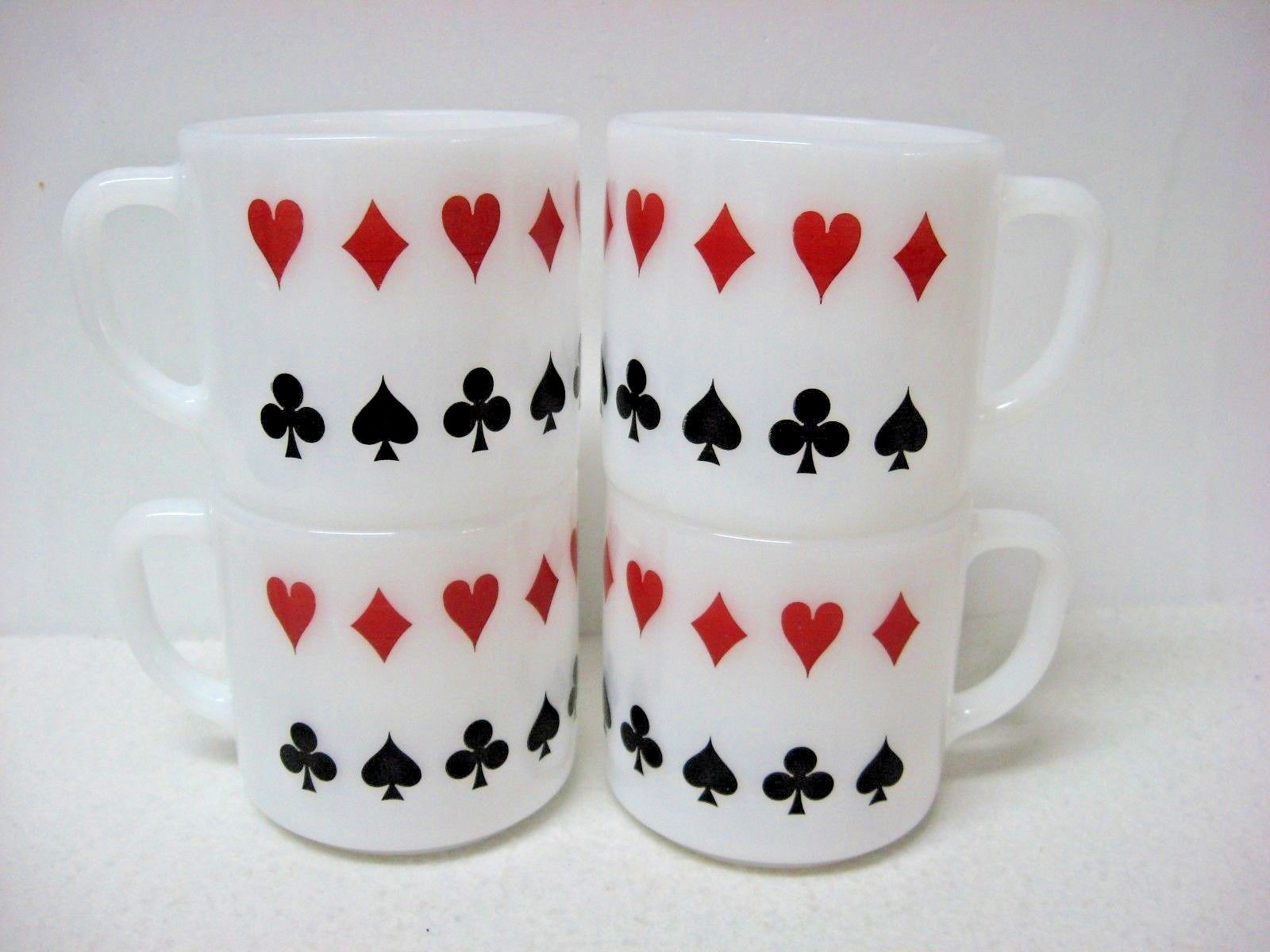 LOT 4 vtg FEDERAL milk GLASS mugs poker card suits DIAMOND HEART SPADE CLUB