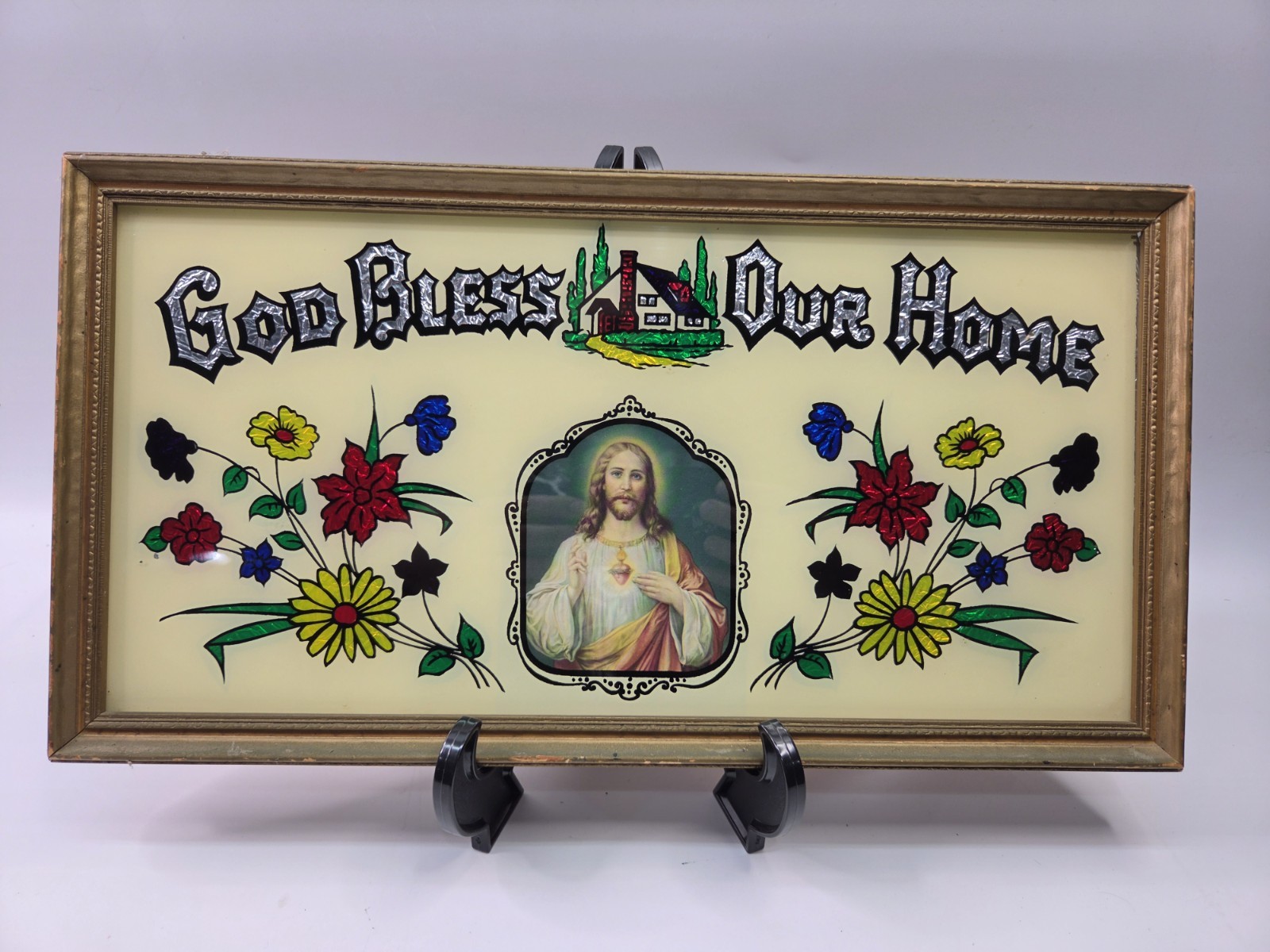 Antique Vintage Art Deco Foil God Bless Our Home Reverse Painted Framed Glass