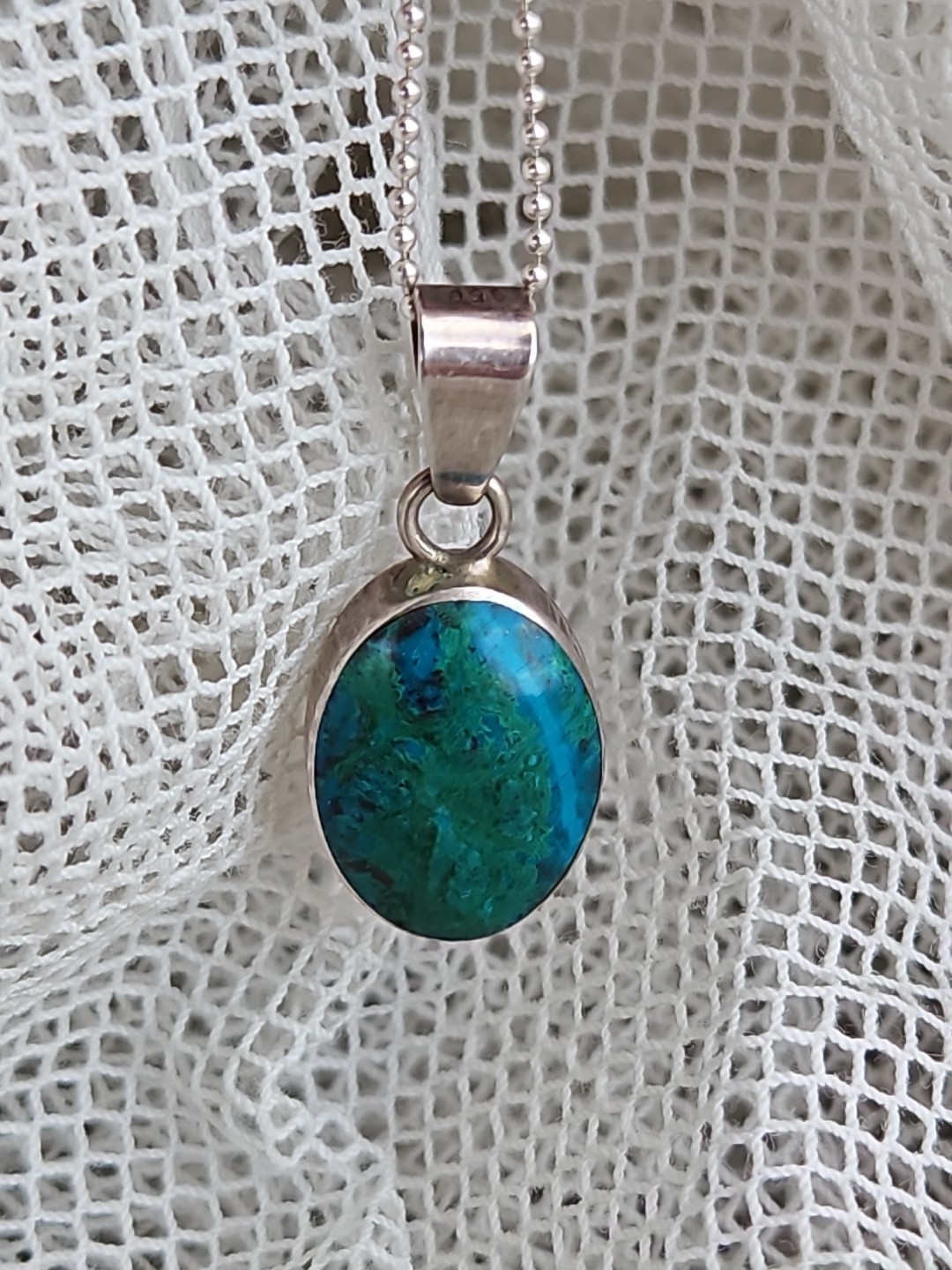 Sterling 925 Italy Double Sided Chrysocolla Moonstone Cabachon Stone Pendant 