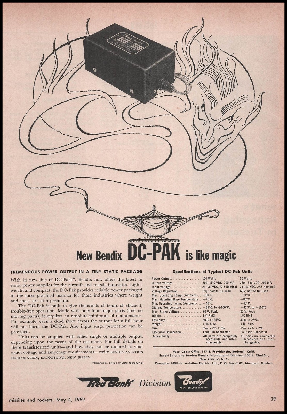 1959 Bendix Red Bank DC-Pak Missile Power Unit Genie Magic Lamp Cartoon Print Ad