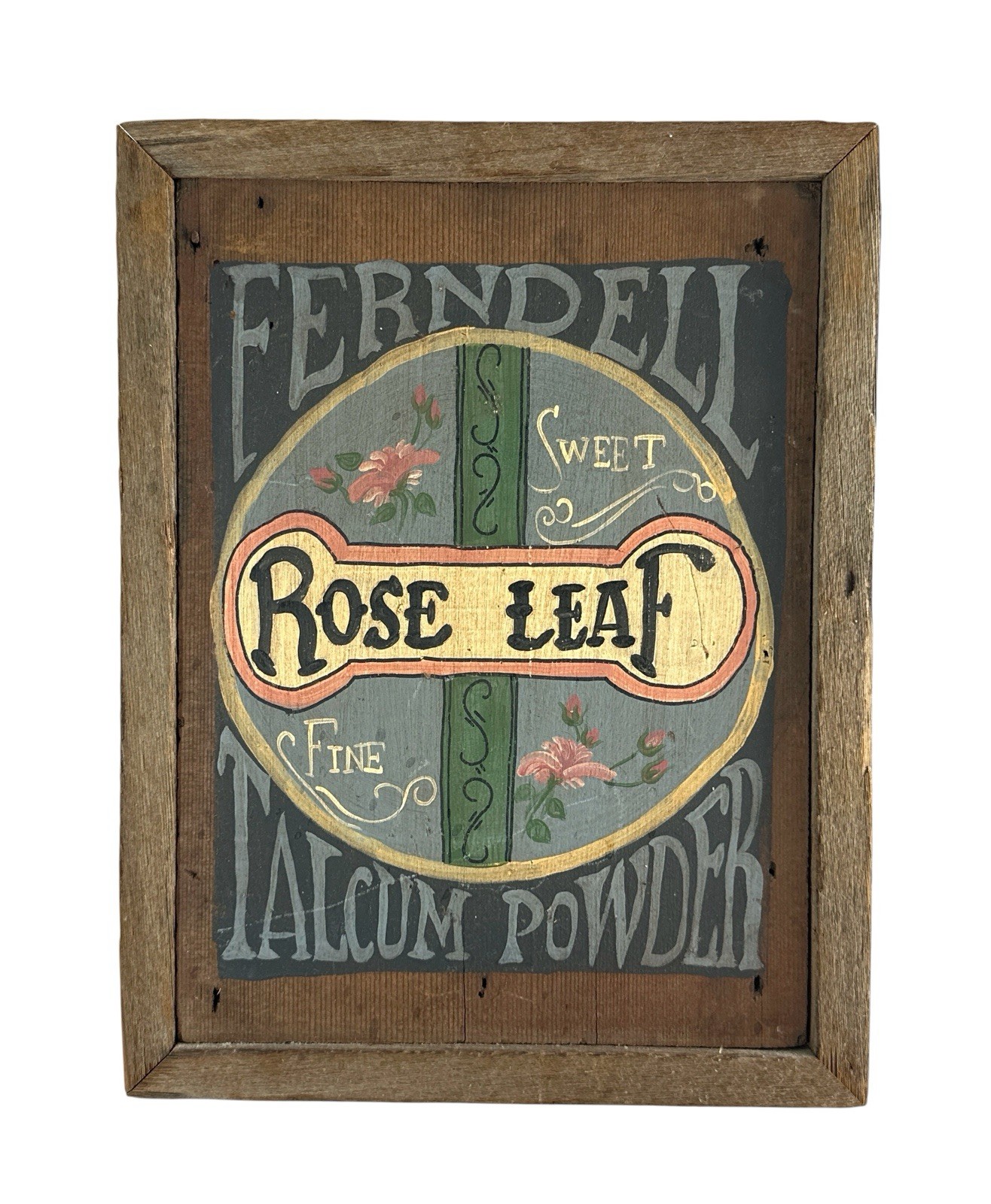 Vintage Folk Art Rose Leaf Talcum Powder Advertising Sign Wood Framed 15”