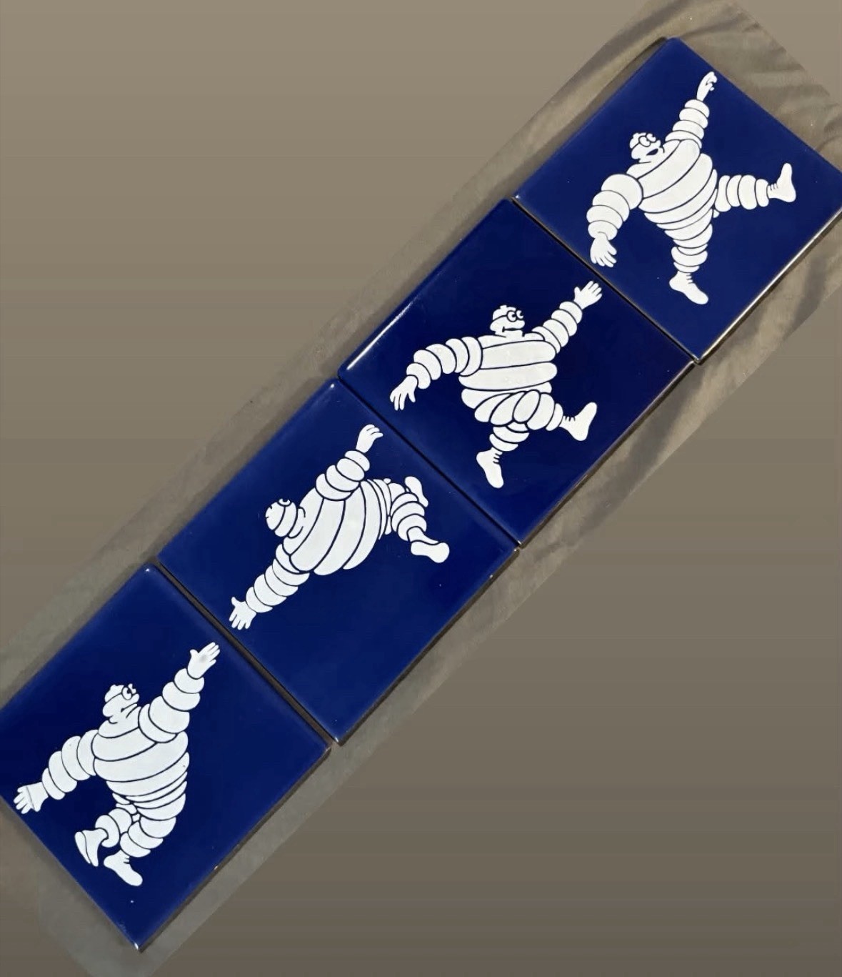 Vintage Original RARE Bibendum Michelin Man 4-Tile Advertising Sign Tire Oil Gas