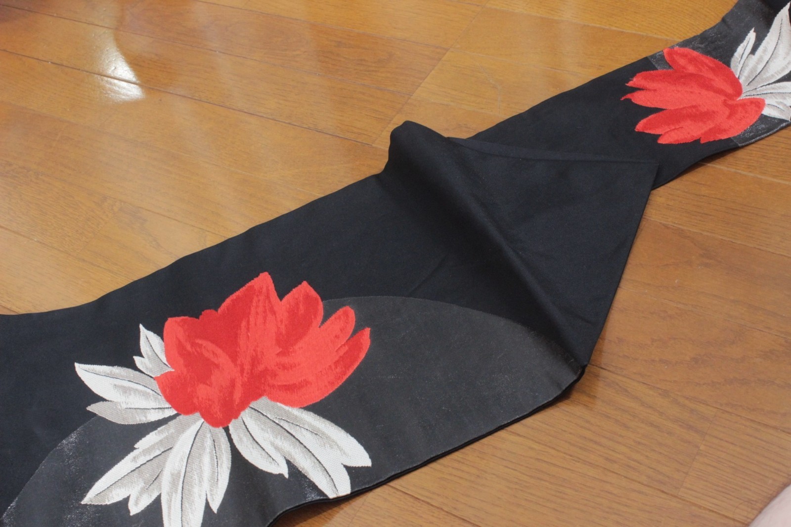Vintage Japanese Obi Belt Black Red Silver White Floral Embroidery Kimono Showa