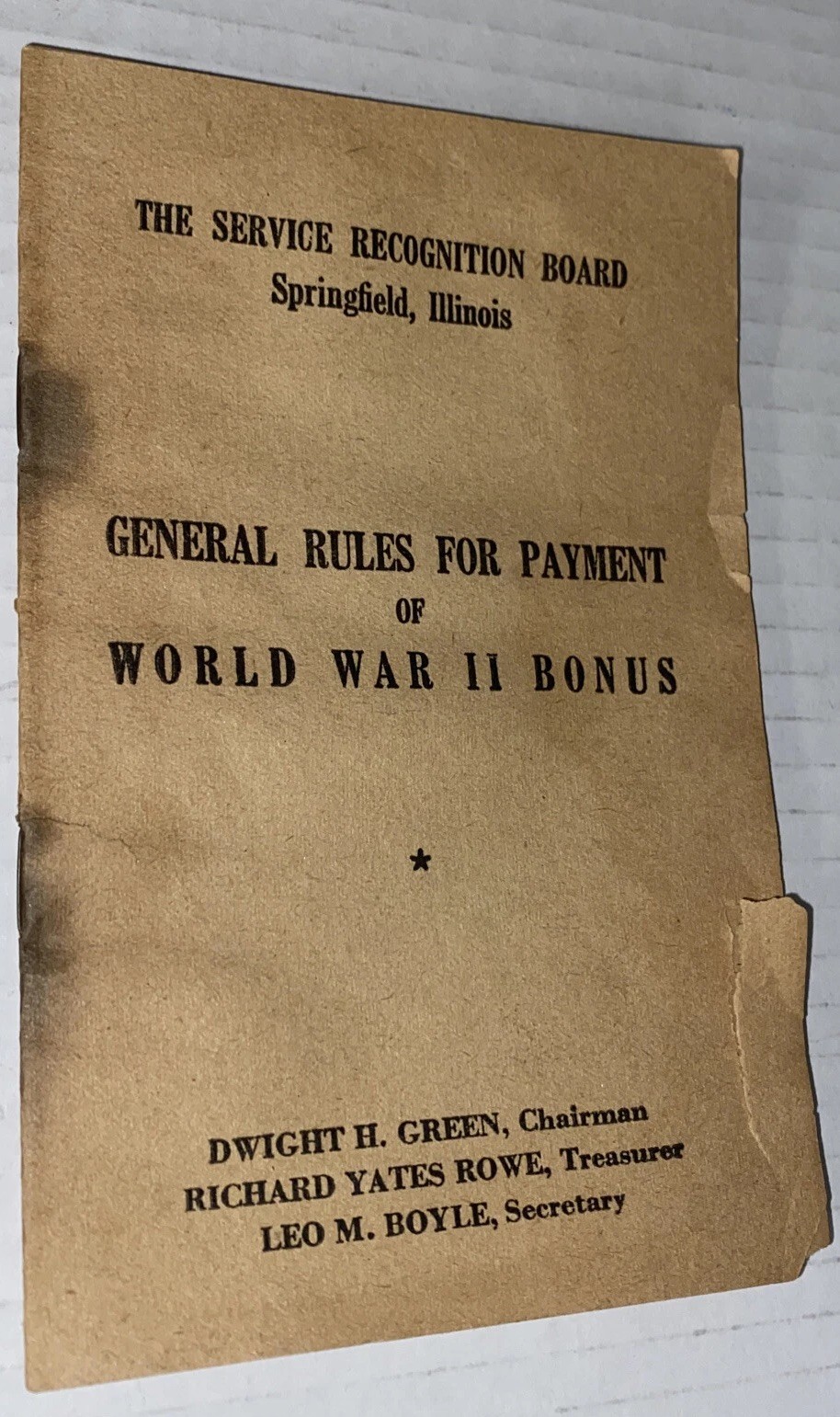 Vintage World War II Bonus Rules Pamphlet Springfield Illinois Union Litho