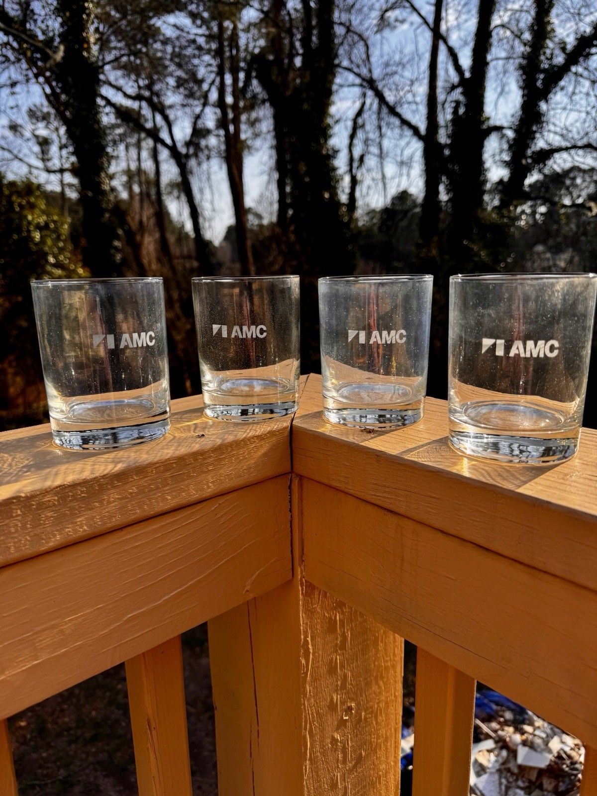 Vintage Whiskey Bar Glass Tumblers With Etched AMC Logo Set Of 2