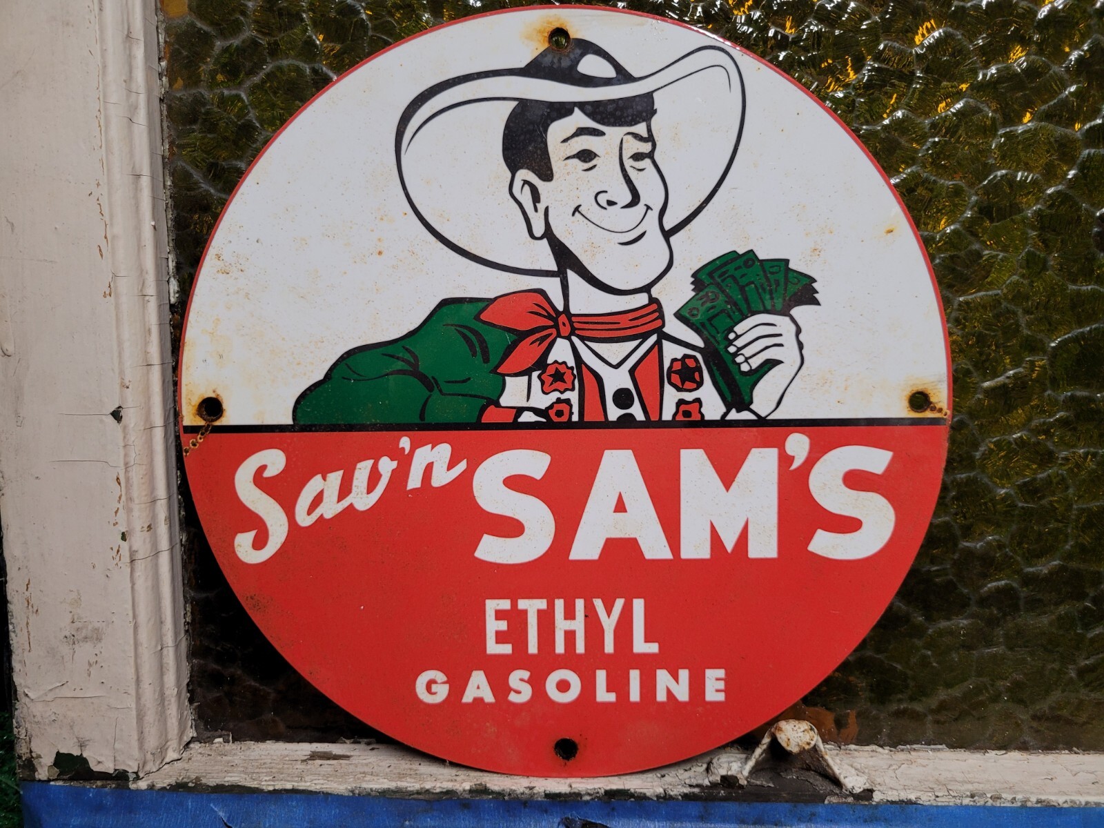 VINTAGE SAV'N SAM'S PORCELAIN SIGN OIL ETHYL GASOLINE STATION GAS PUMP PLATE 12
