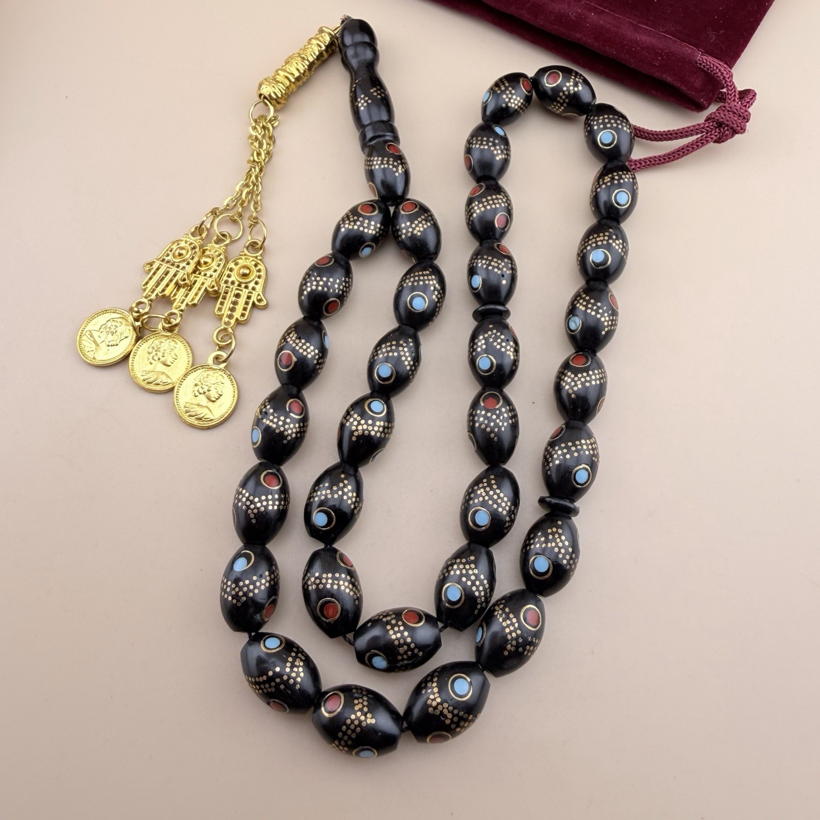 Rare Kuka Inlaid Scrum Islamic Rosary 33-bead Tasbih مسباح سبحة كوك نارجين N1082