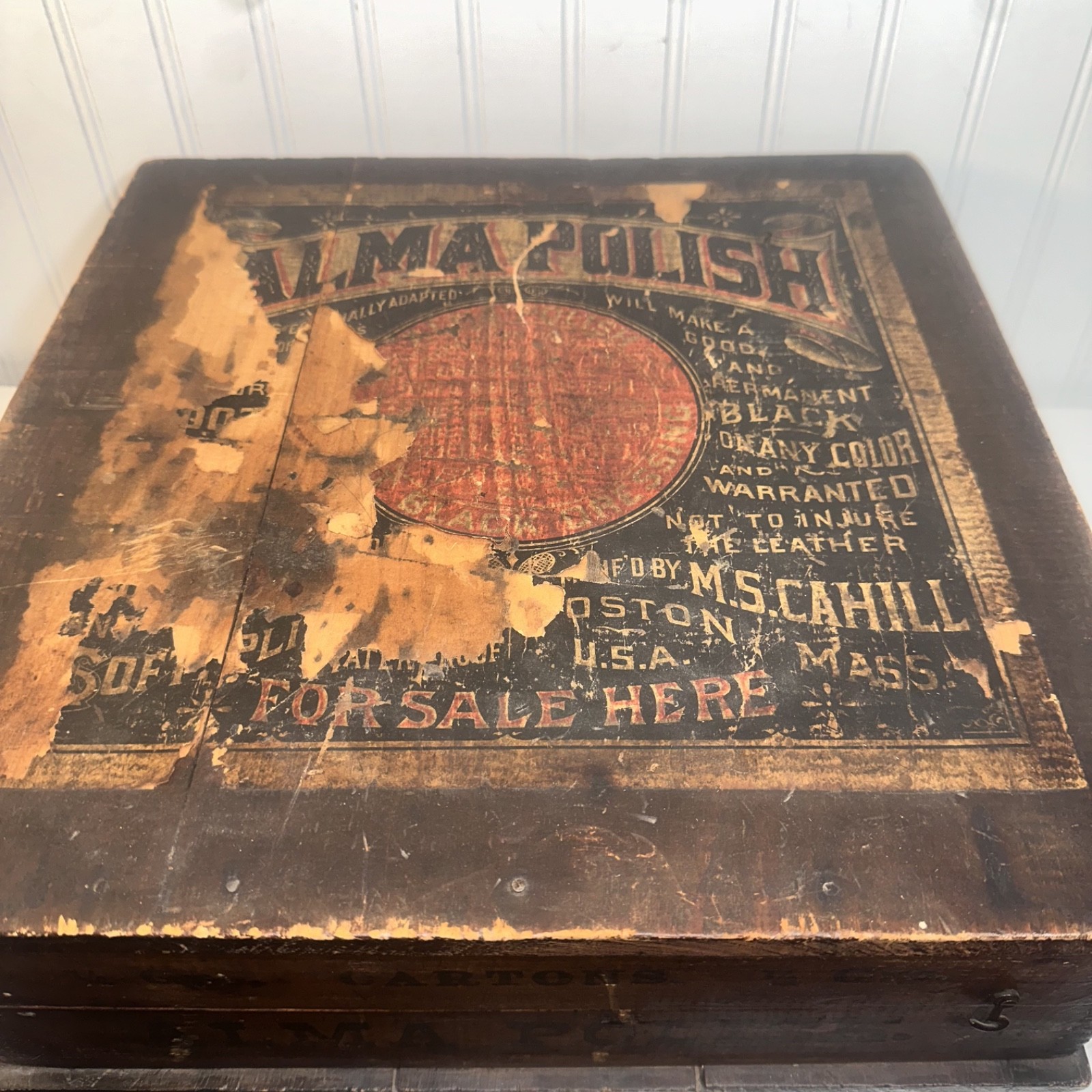 antique Alma shoes polish chromolithograph advertising box wood crate 15x16