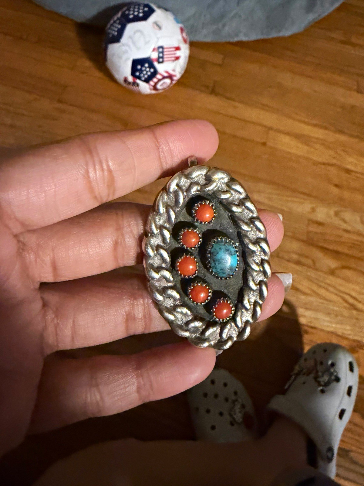 Vtg Navajo Sterling Silver Turquoise Coral Pendant Shadowbox Rope Border 30g