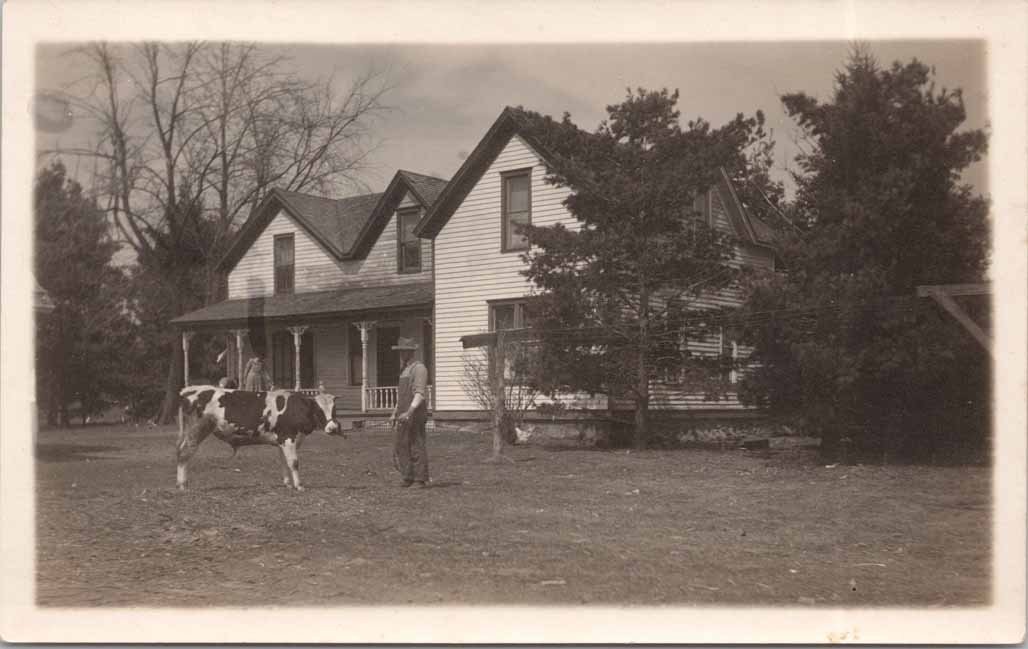 RPPC Farmhouse Man Cow Rural Scene Real Photo Postcard c1910s