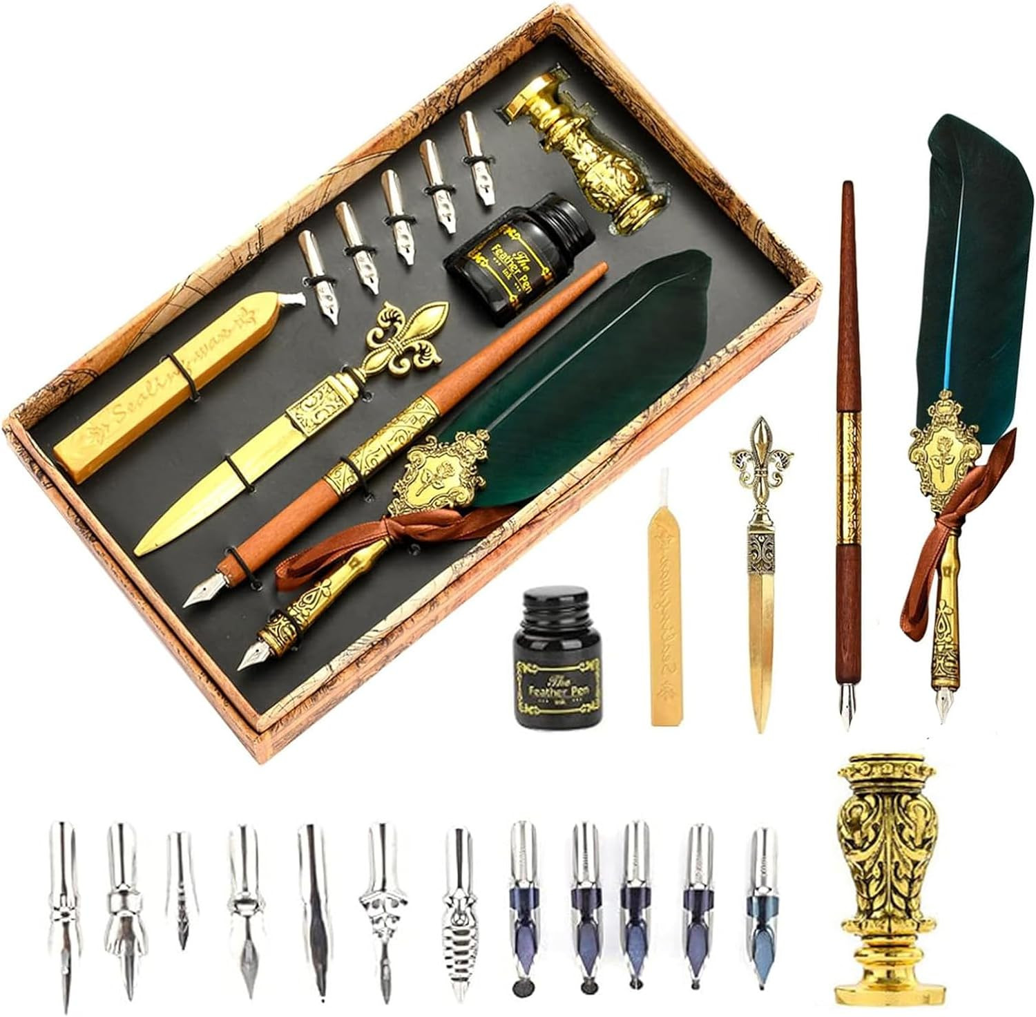Antique Feather Quill Pen Set, with Sealing Wax for Envelopes, Wax Stamp, Handcr
