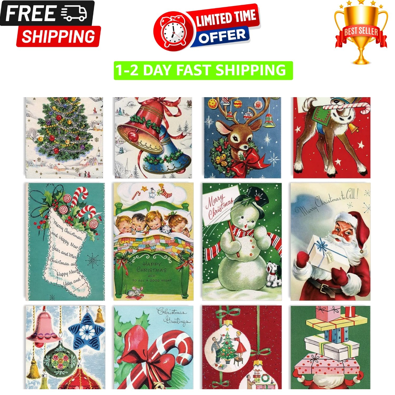 Anydesign 48 Pack Christmas Holiday Greeting Cards Assortment Vintage