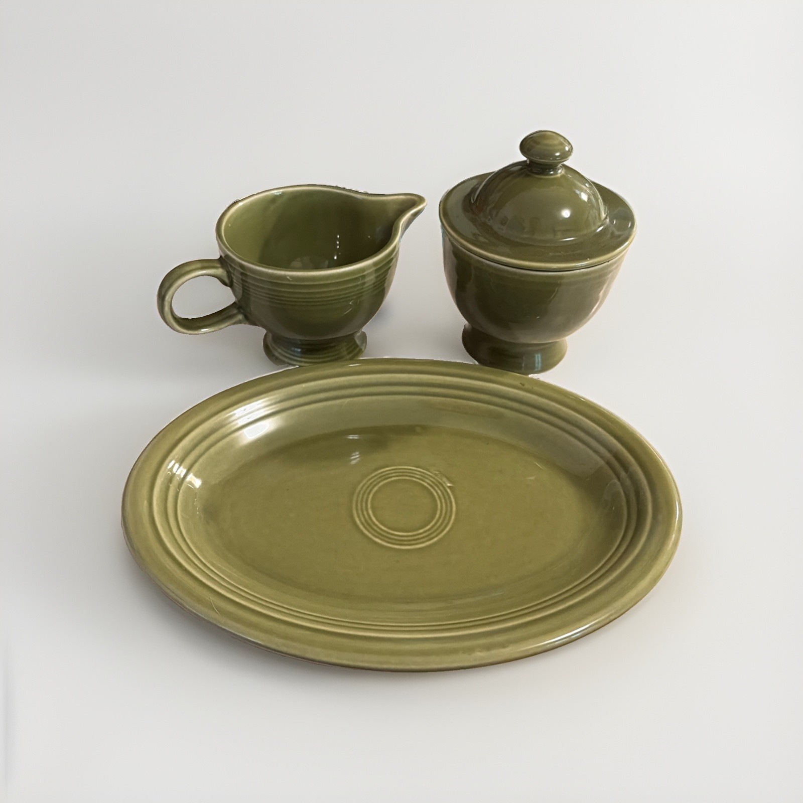 RARE Vintage Fiesta Ironstone Turf Green Creamer Sugar Lid 9” Platter 1969-73