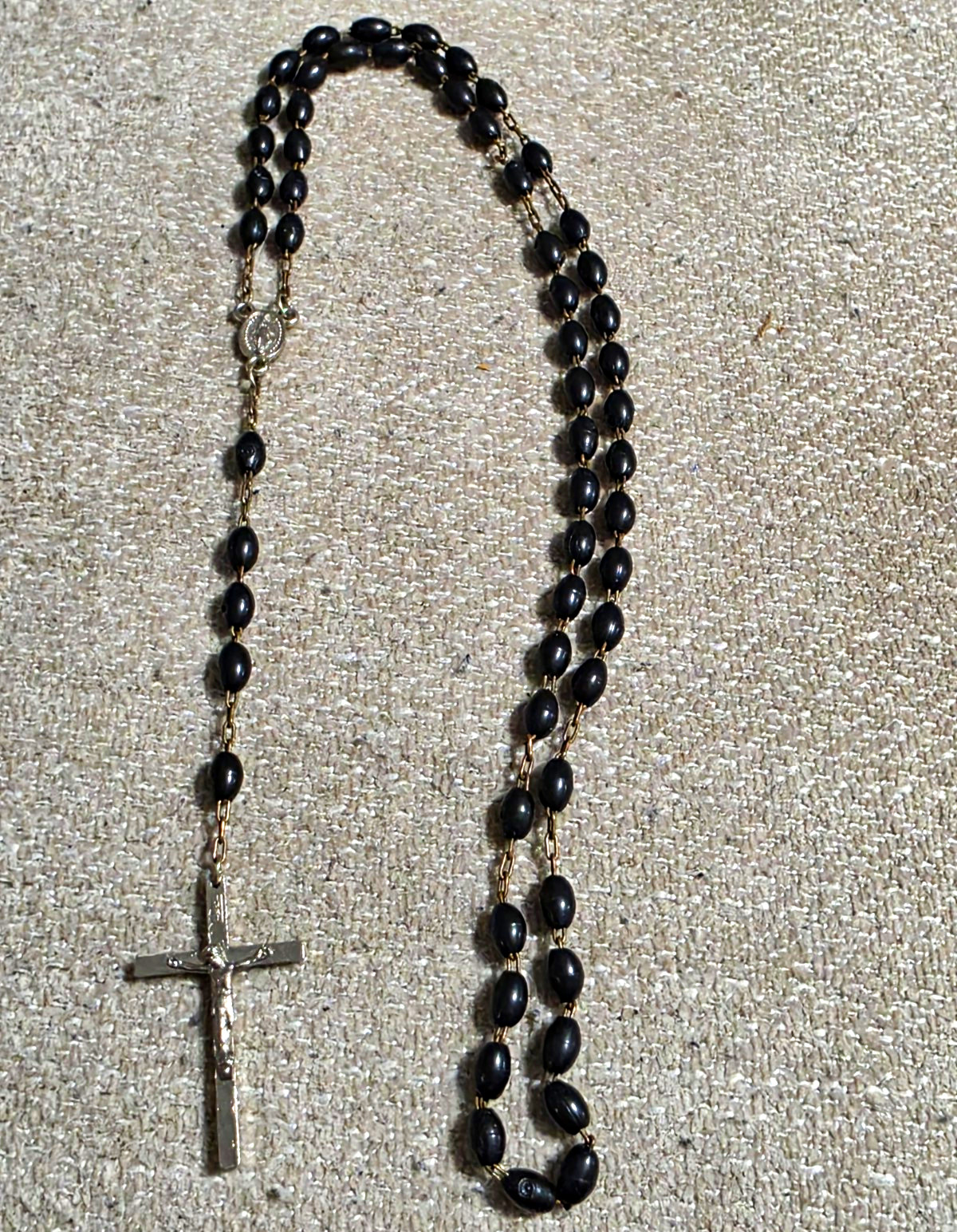 Vintage Catholic Black Oval Bead Rosary  Silver Tone Miraculous Medal & Crucifix