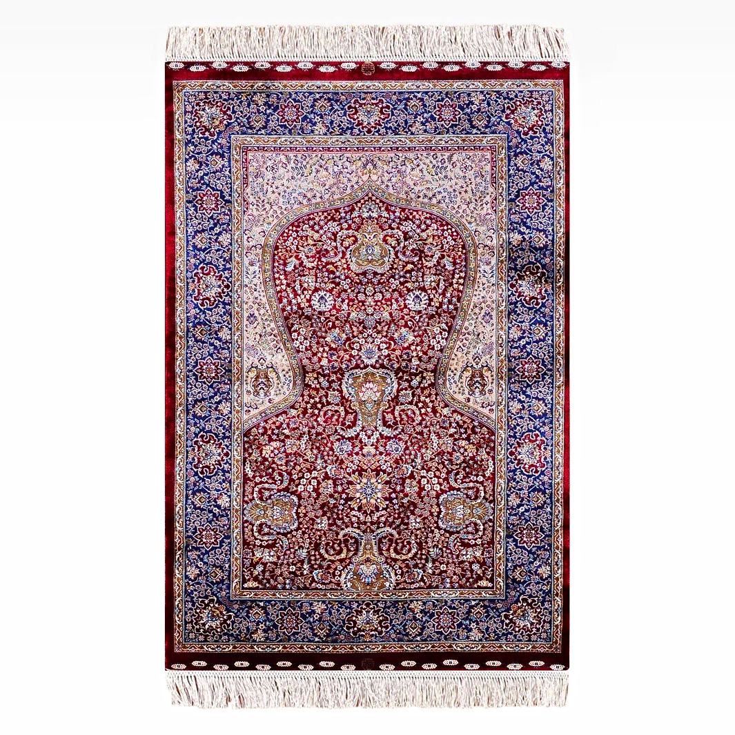 Islamic Prayer Rug Red Blue Floral Mihrab Design with Fringe