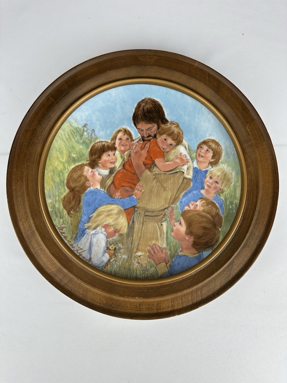 Vintage Wood Framed Collector Plate Jesus Little Children Come To Me Religious 