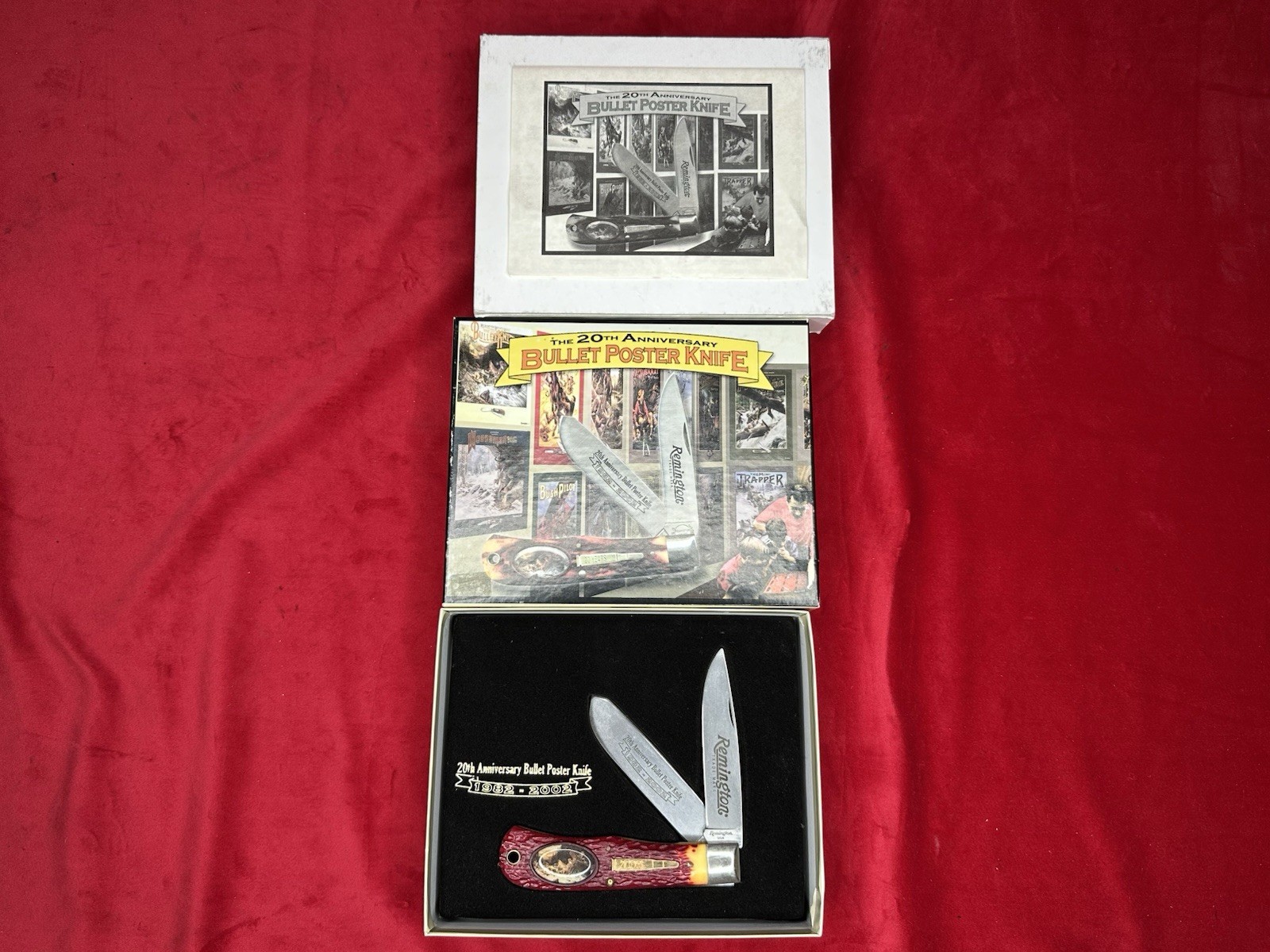REMINGTON 2 BLADE TRAPPER 20th Anniversary Bullet Poster Knife 1982-2002