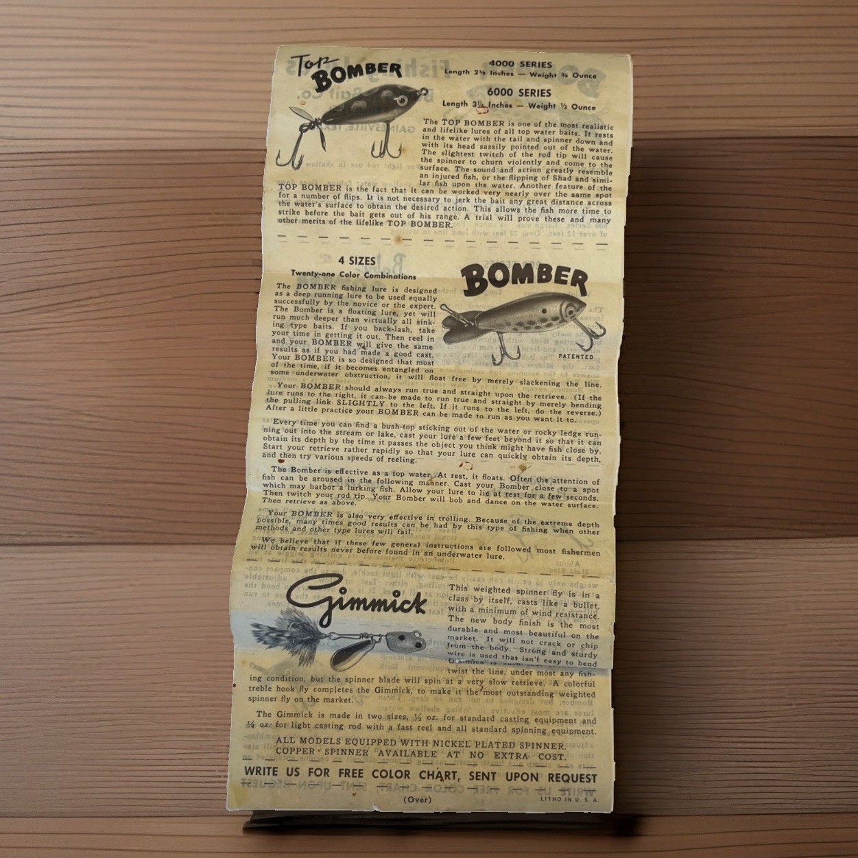 Vintage Bomber Lure Folder Top Bomber 4000 6000 Series Gimmick W