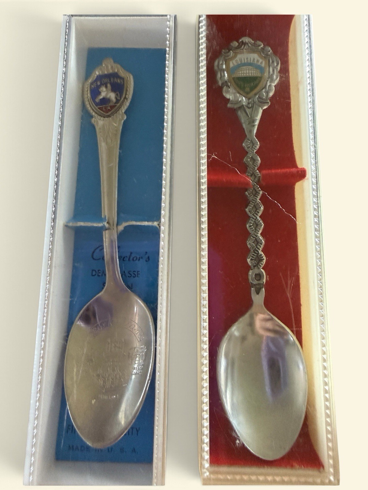Vintage New Orleans Louisiana Superdome Souvenir Spoons Enamel Boxed Demi Tasse