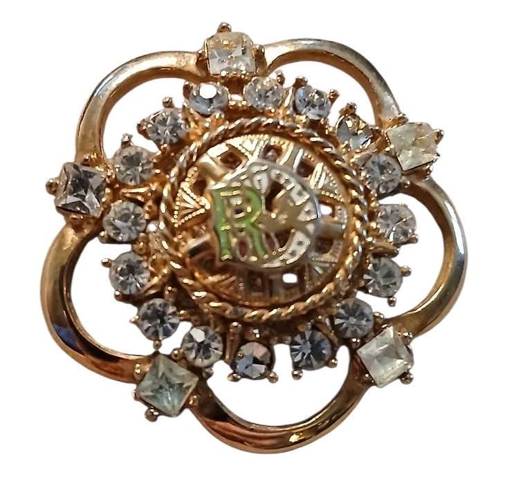 Daughters of Rebekah IOOF Brooch Gold Tone Rhinestone Emblem Pin Vintage