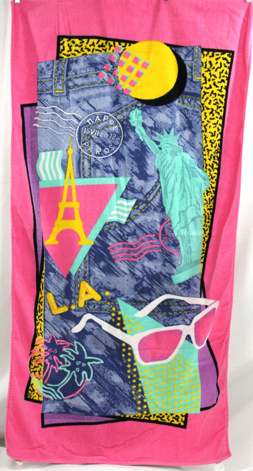 Hilasal Stone Wash Beach Towel VTG 1980\'s Bath Teal Pink LA Miami Statue Liberty