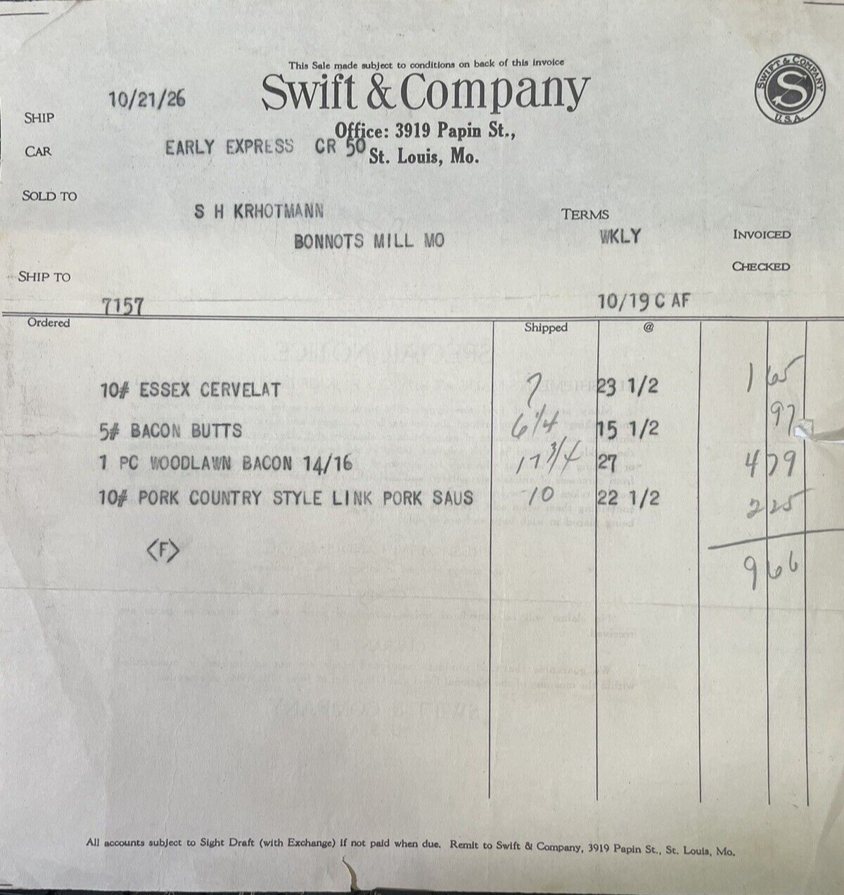 1926 Swift & Company Bill head Antique St Louis MO Bacon Pork Early Express Car