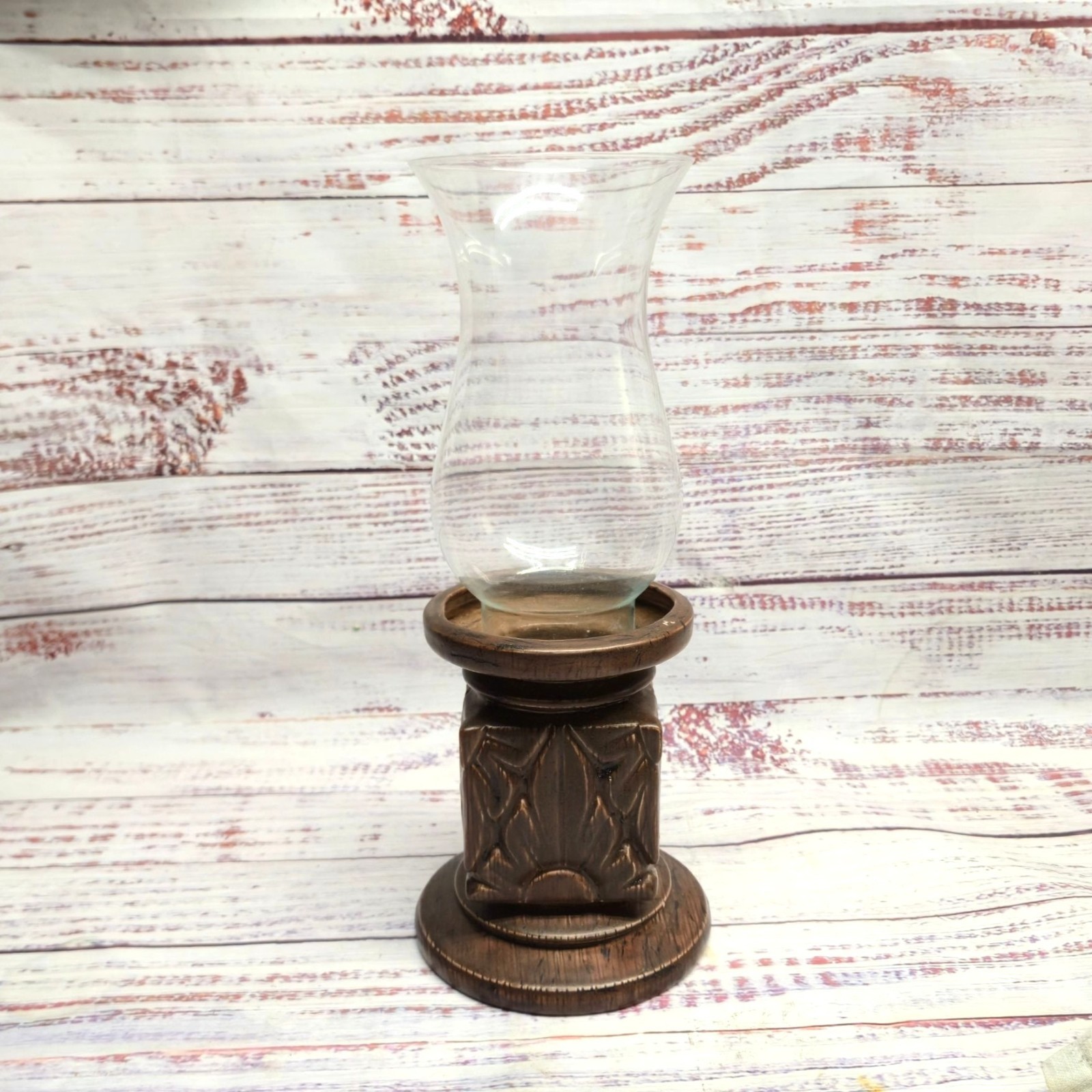 VTG 1970s  Tiki Brown Ceramic Vase Candle Holder With Glass Shade Rustic Boho