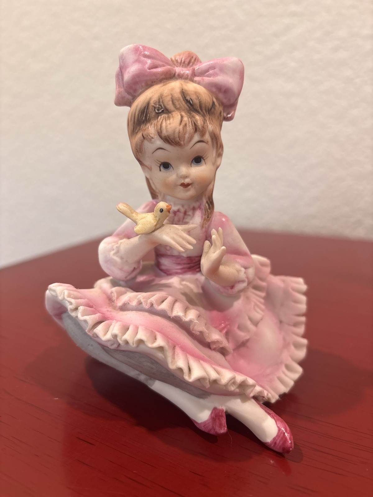 VINTAGE LEFTON China Bisque Girl with Bird Figurine KW3757 Pink ~BEAUTIFUL~