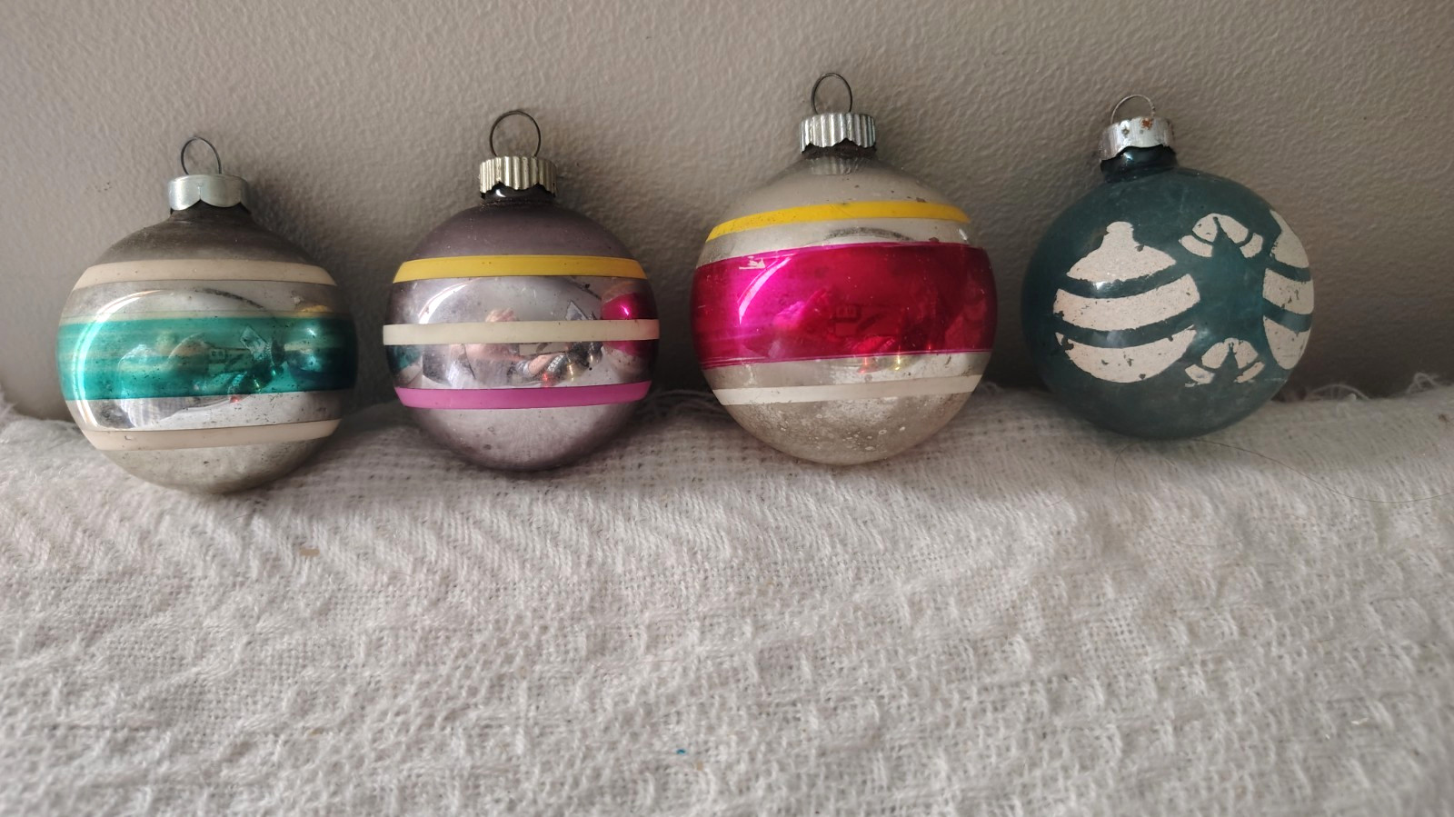 4 Vintage Shiny Brite & Rauch Silvered Striped Glass Christmas Ornaments 2\