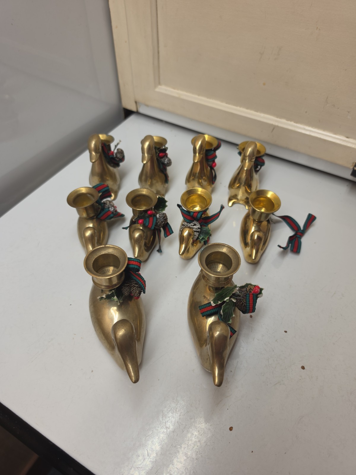 Vintage Lot Of 10 Brass  Ducks  Candle Holder Figurines 
