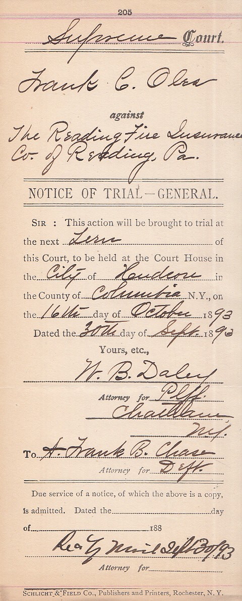 1893 Columbia County NY Supreme Court Notice Trial Reading PA Fire Insurance Co
