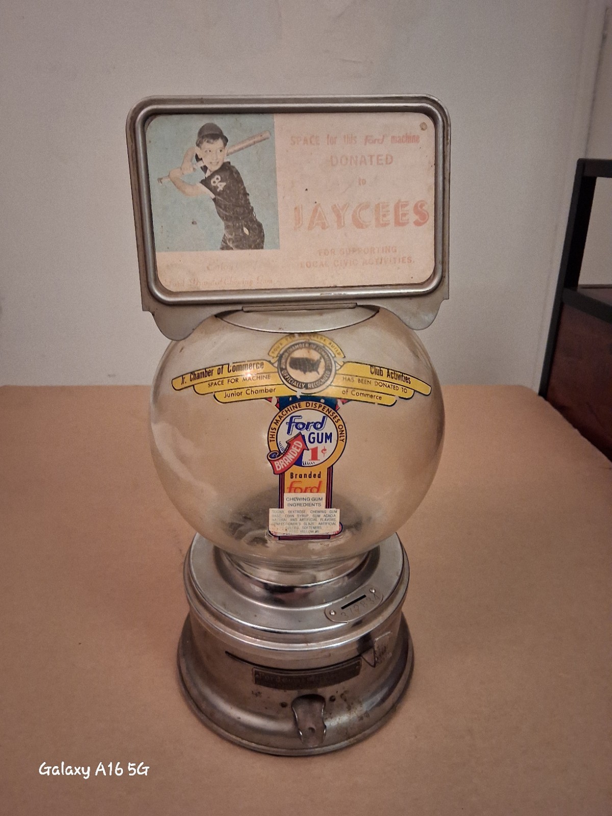Antique Penny 1c Ford Gum Gumball Machine Glass Globe Donated To Jaycees